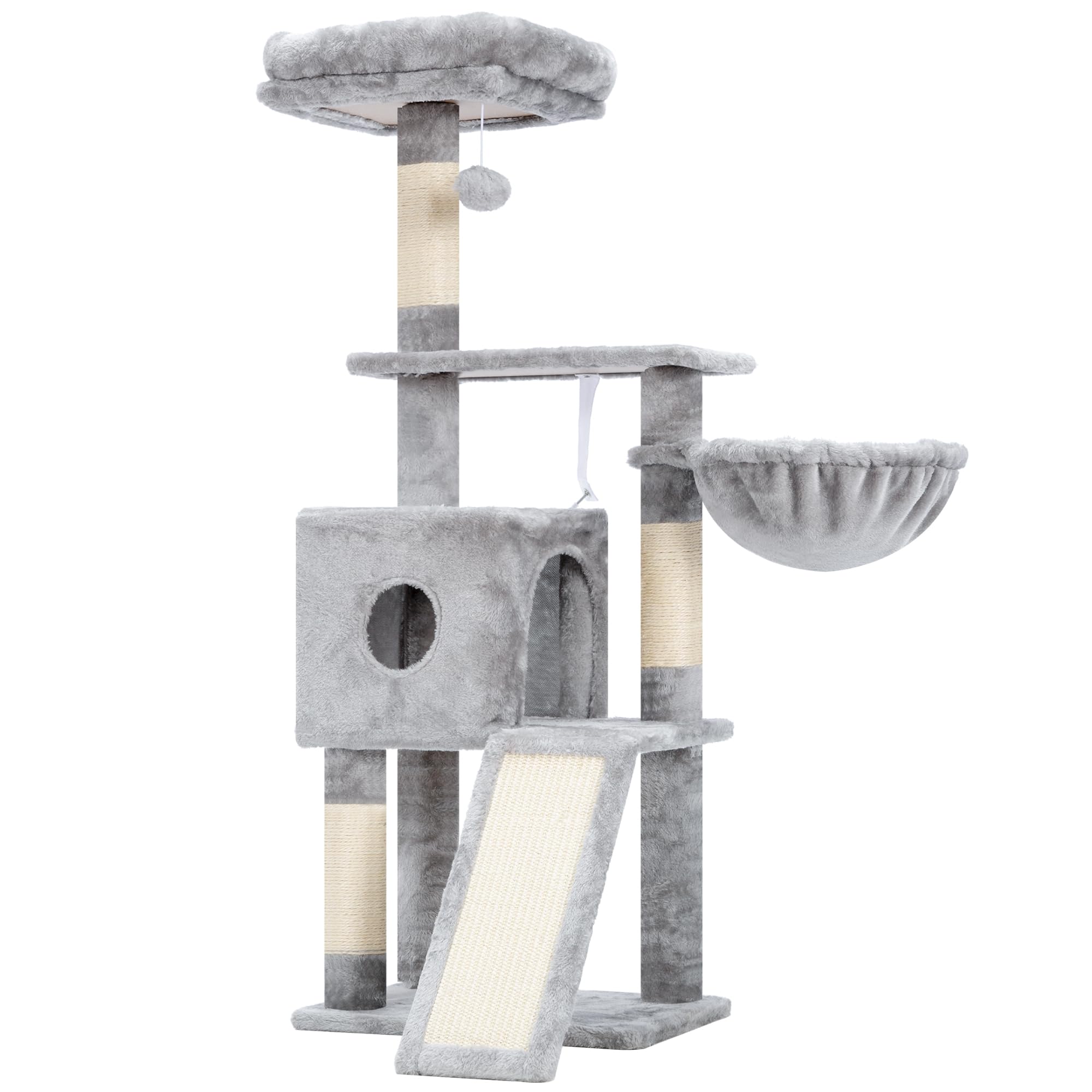 Hey-brother Tiragraffi per Gatti Multilivello, con Rampa, MPJ007SW | 110cm Albero per Gatti, Cuccia Chiusa , Cesta Sospesa, Piattaforma, Pompon, Ideale per gattini da interno, Grigio Chiaro
