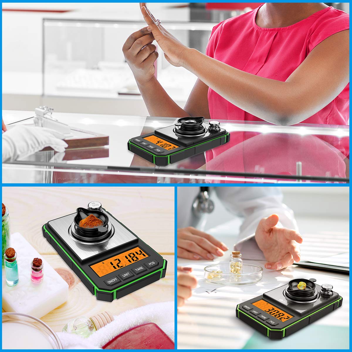Brifit Bilancia micrometrica 0,001 g, 50 g / 0,001 g Bilancia Digitale con Display LCD, Scala delle Monete, Bilancia dei Gioielli con Peso di calibrazione di 50 g, pinzette e Ciotola di pesata -Verde
