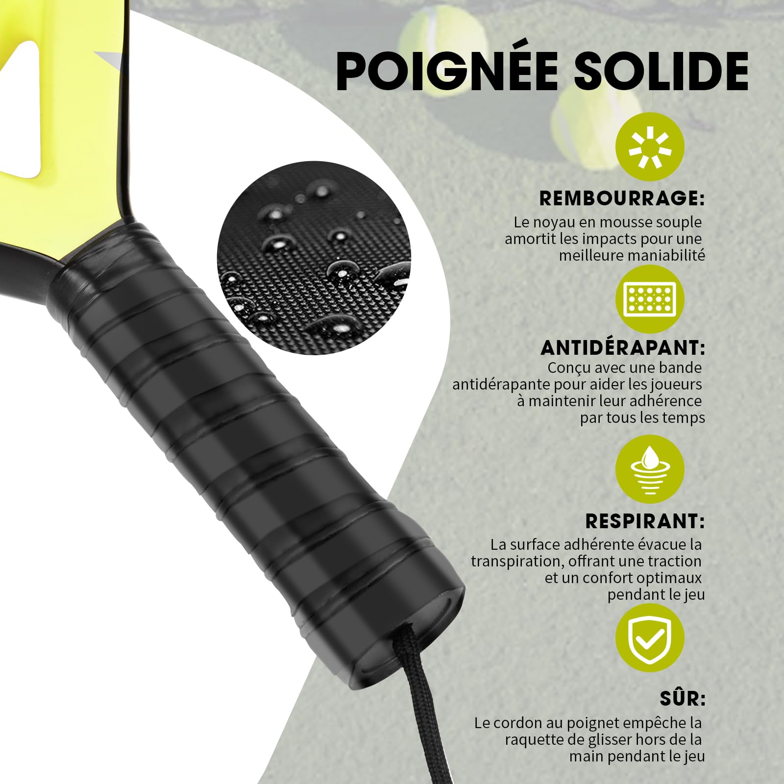 BOOSTEADY Raquette de Padel Adultes, Raquette de Tennis en Fibre de Verre de Carbone avec Balles de Tennis, Raquette de Paddle Pickleball pour Adolescents Débutants Avancés
