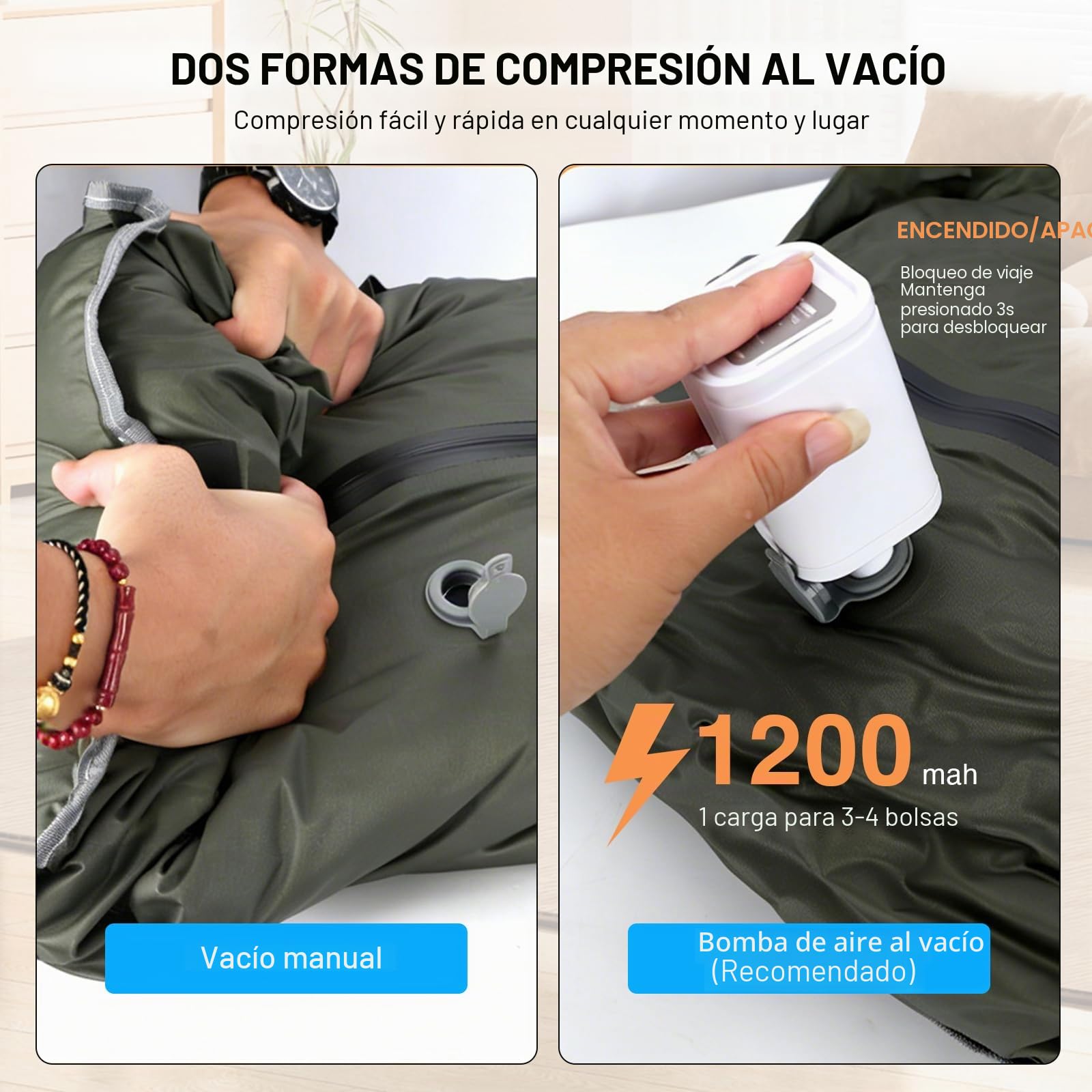 Bolsas de vacío para ropa, 20 l, juego de 2 unidades con bomba recargable de 1200 mAh, bolsas de compresión de TPU herméticas reutilizables con válvula y cremallera impermeable para maleta y mochila