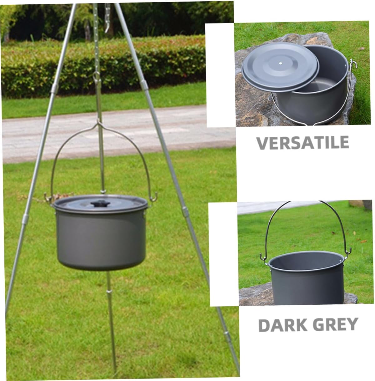 Portable Aluminum Camping Hanging Pot with Lid Large Person Outdoor Cooking Set for Bbqs Picnics Hiking Even Heat Distribution Multipurpose Casserole Pan for Family and Group