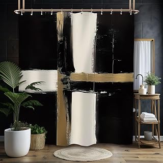 Miyotaa Abstract Modern Shower Curtain Set 60Wx71H Inches Minimalist Neutral Contemporary Black White Brushstroke Art Oil Painting Waterproof Bathroom Curtain with 12 Hooks