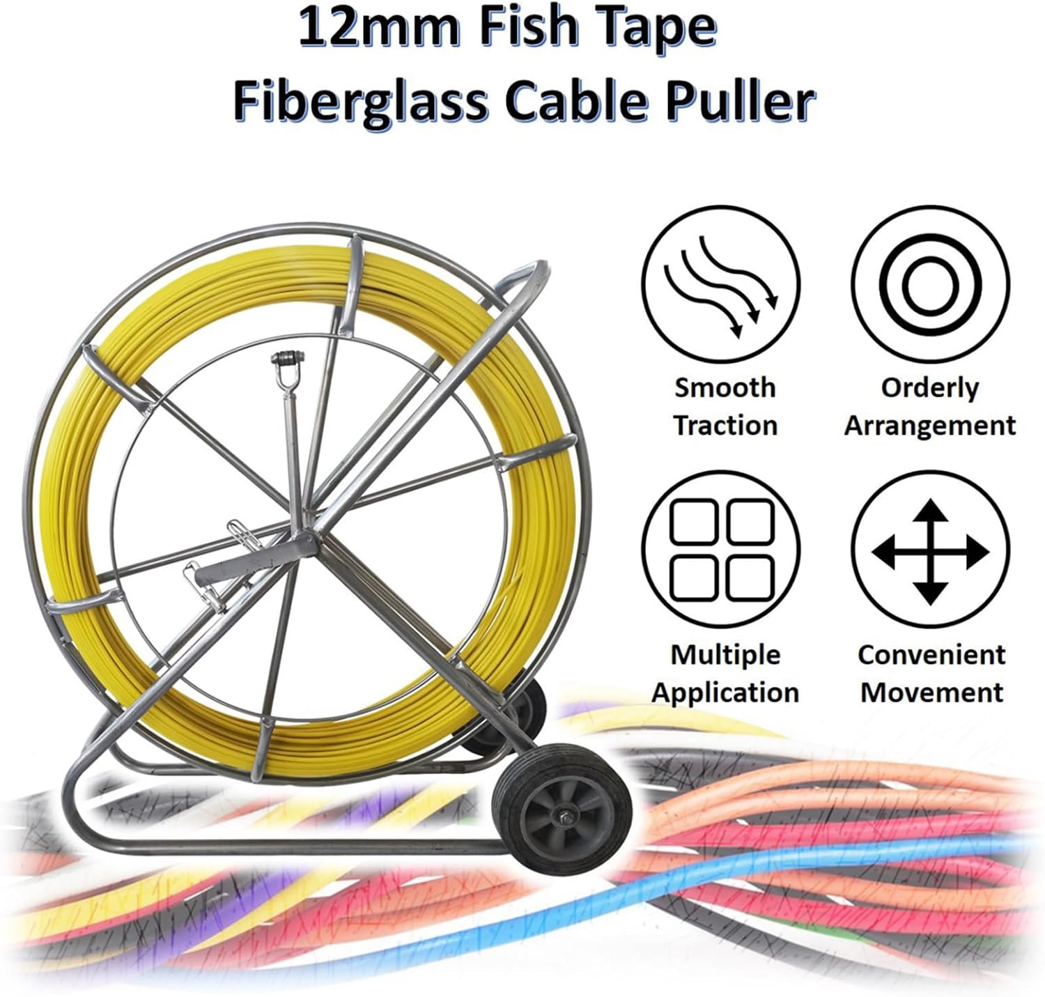 12mm 393ft/120m Fiberglass Fish Tape Duct Rodder Puller, Movable Fiberglass Wire Cable Threader Running Rod, With Brake and Wheels, for Pipeline Cleaning and Wire Cables Laying