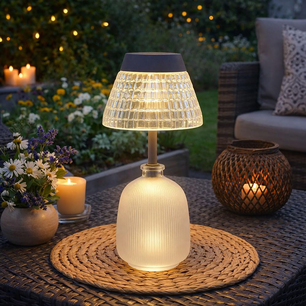 Solarlampe Tischleuchte Außenlampe klar Akku Glas LED Gartenlampe Balkonlampe, Acryl, Glas, LED 3000K warmweiß, DxH 13,5x27 cm, 2er Set