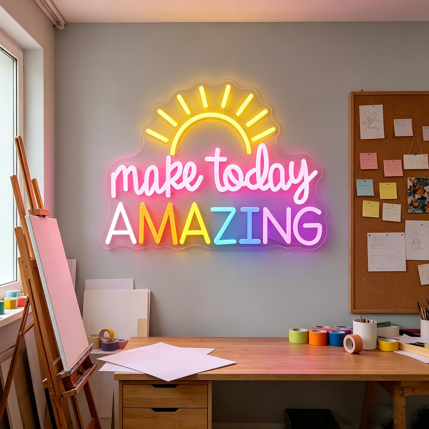 Letrero de neón personalizable con icono de amanecer, motivación matutina personalizable, decoración de pared LED para dormitorio, oficina en casa