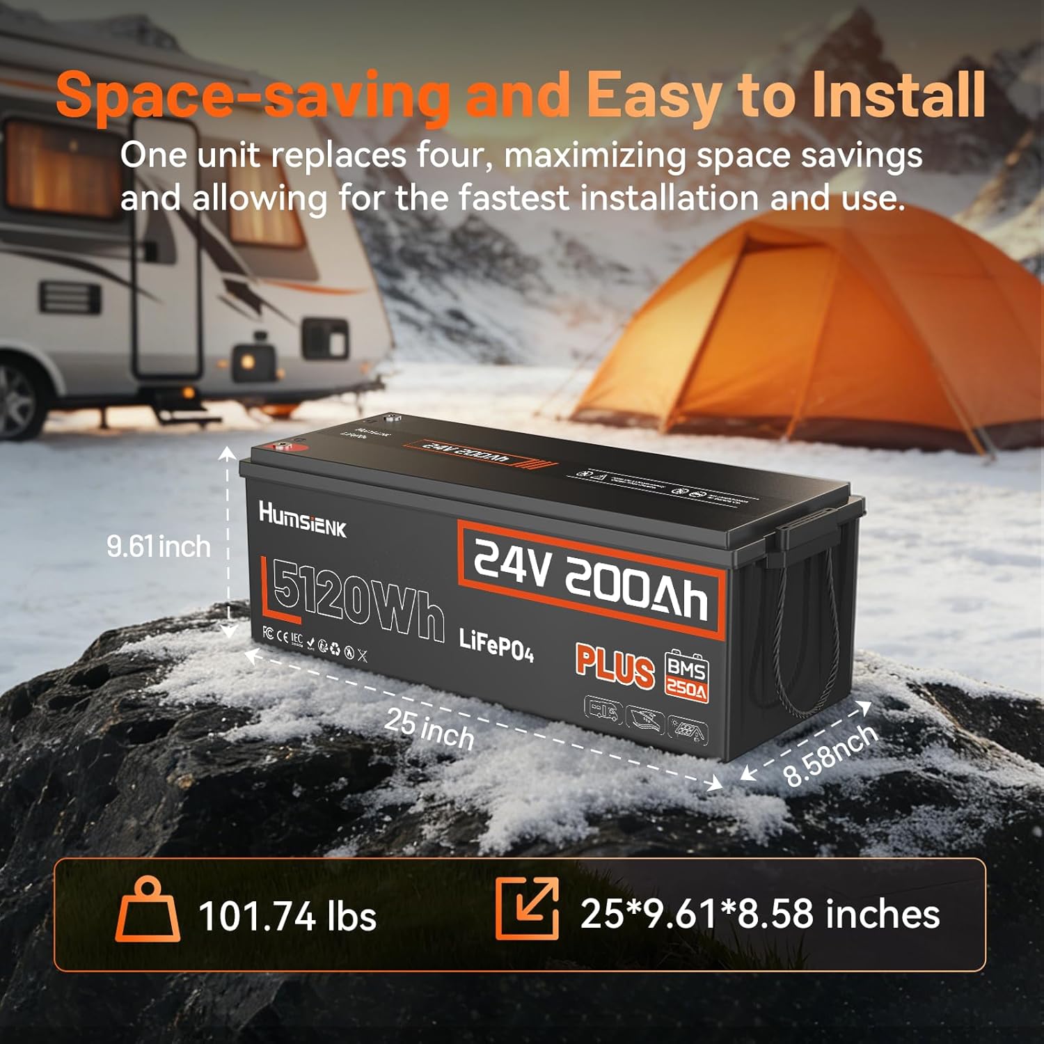 HumsiENK 24V 200Ah Plus LiFePO4 Lithium Battery, Upgraded 250A BMS with Low-Temp Protection, 15000+ Deep Cycles, 10 Years Lifespan, 5120Wh Energy for RV, Trolling Motors, Solar, Off-Grid, Marine