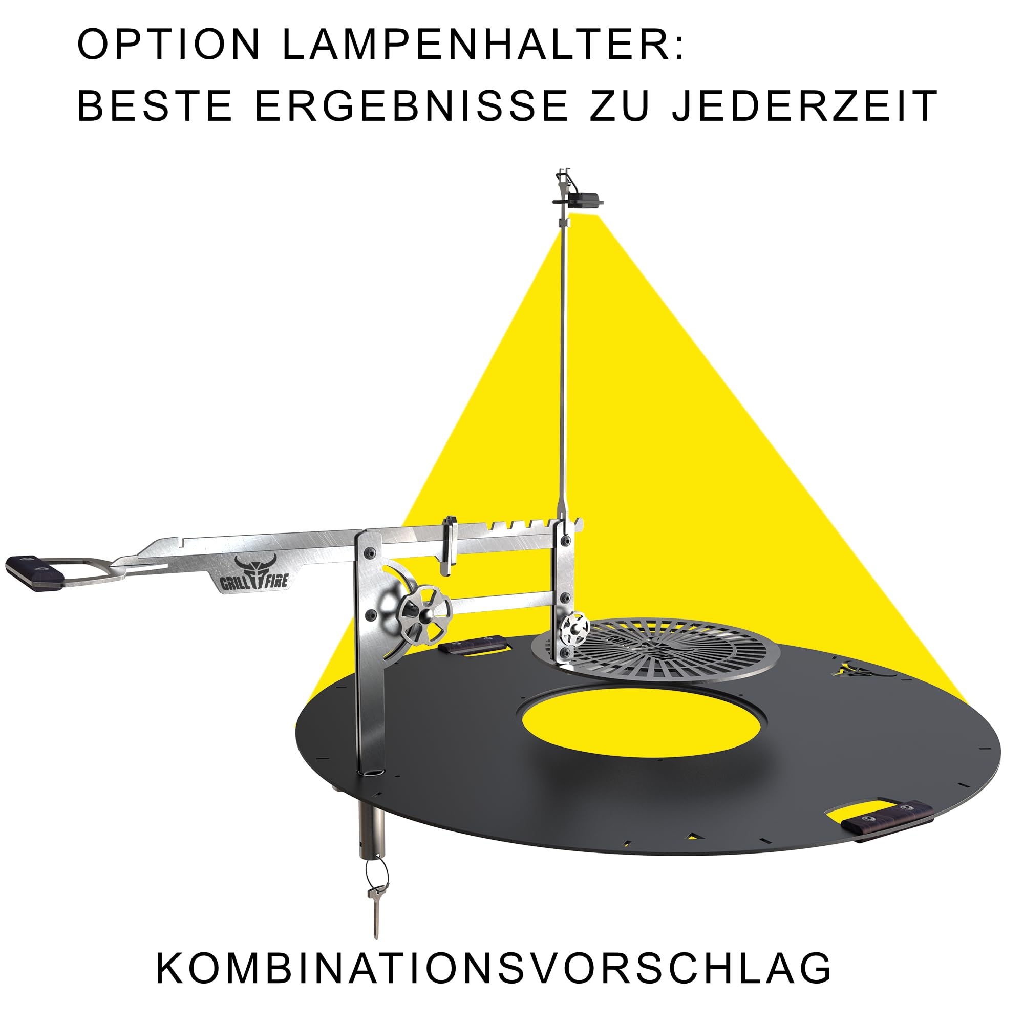 Grillfire XT-SET GRILLHAND – Höhenverstellbarer Edelstahl-Grillarm für FX-Feuerplatten | Werkzeuglos montierbar | Mit Lampenhalter & Zubehörfunktion für Dutch Oven & Schaukelrost