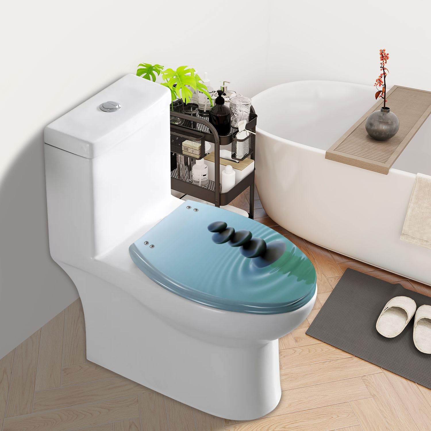 Elongated Toilet Seat Stones balance turquoise Resin Toilet Seat Slow Quiet Close Lid with Quick-Release Hinges Cover Bumpers Easy to Clean Install