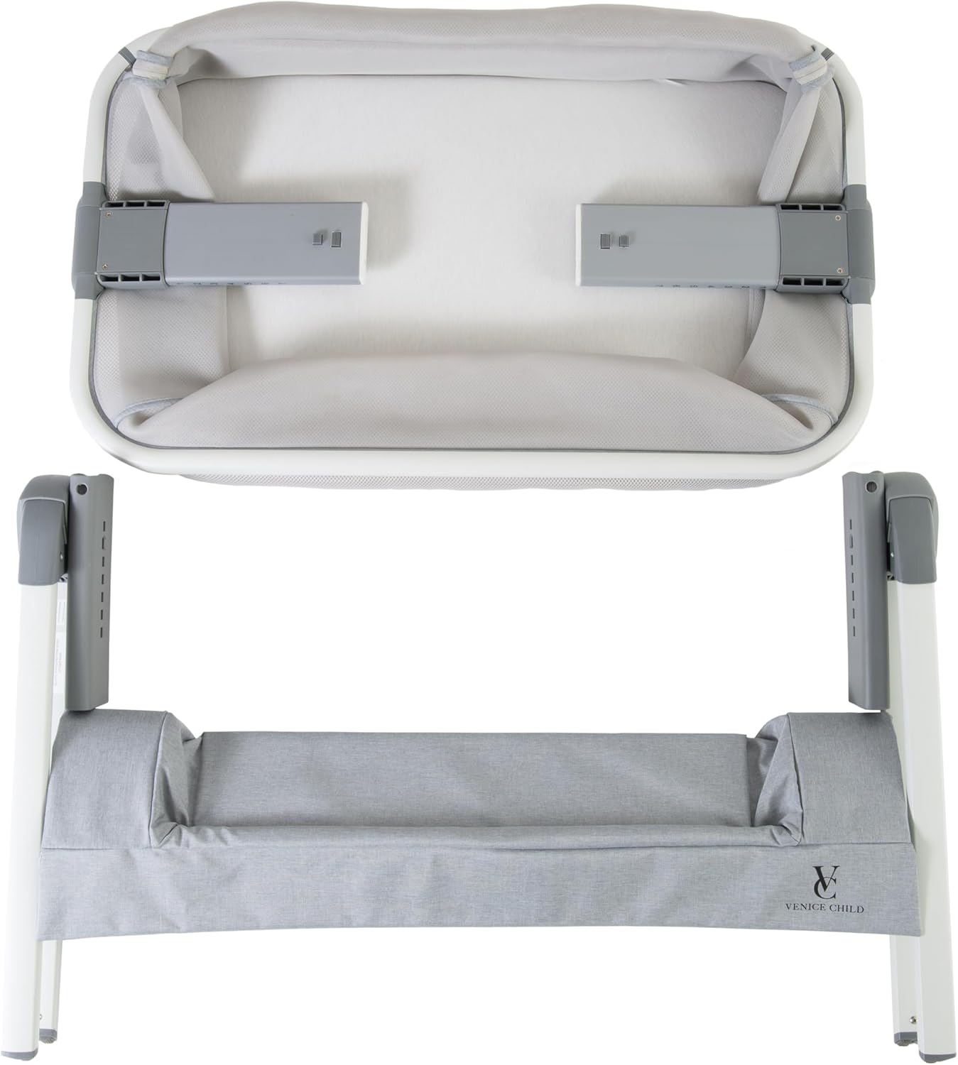 Venice Child California Dreaming Bedside Crib Bassinet w/Travel Case, Bamboo Bassinet Sheet, Removable Bamboo Compressed Cotton Mattress, Height Adjustable, Easy Clean (Gray)