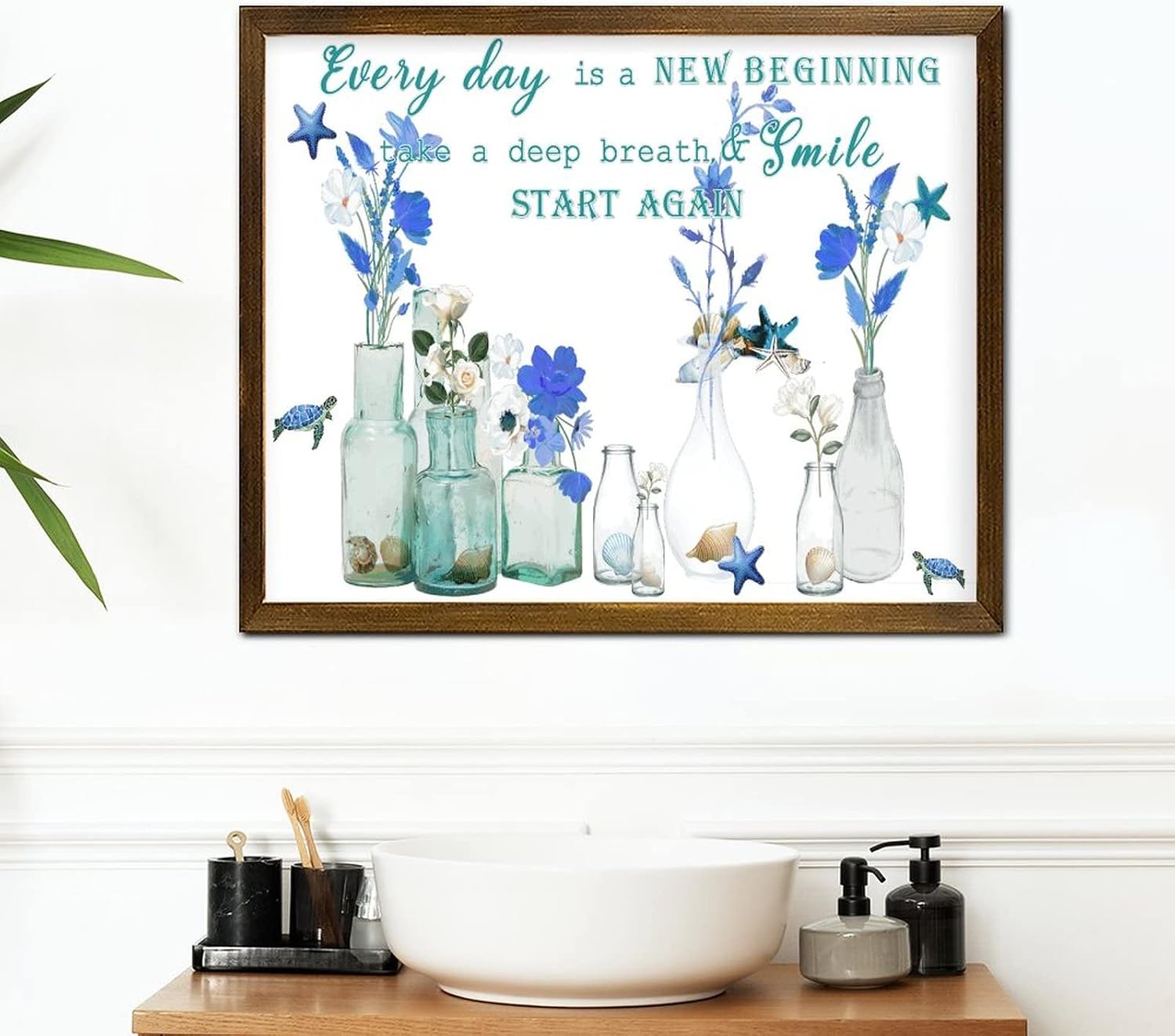 Everyday is New Begining Framed Wooden Signs Summer Beach Starfish Conch Flower Vase Wood Plaque Retro Botanical Artwork Home Family Wall Decor for Grandpa Papa Dad Boyfriend Teacher 16x20 Inch