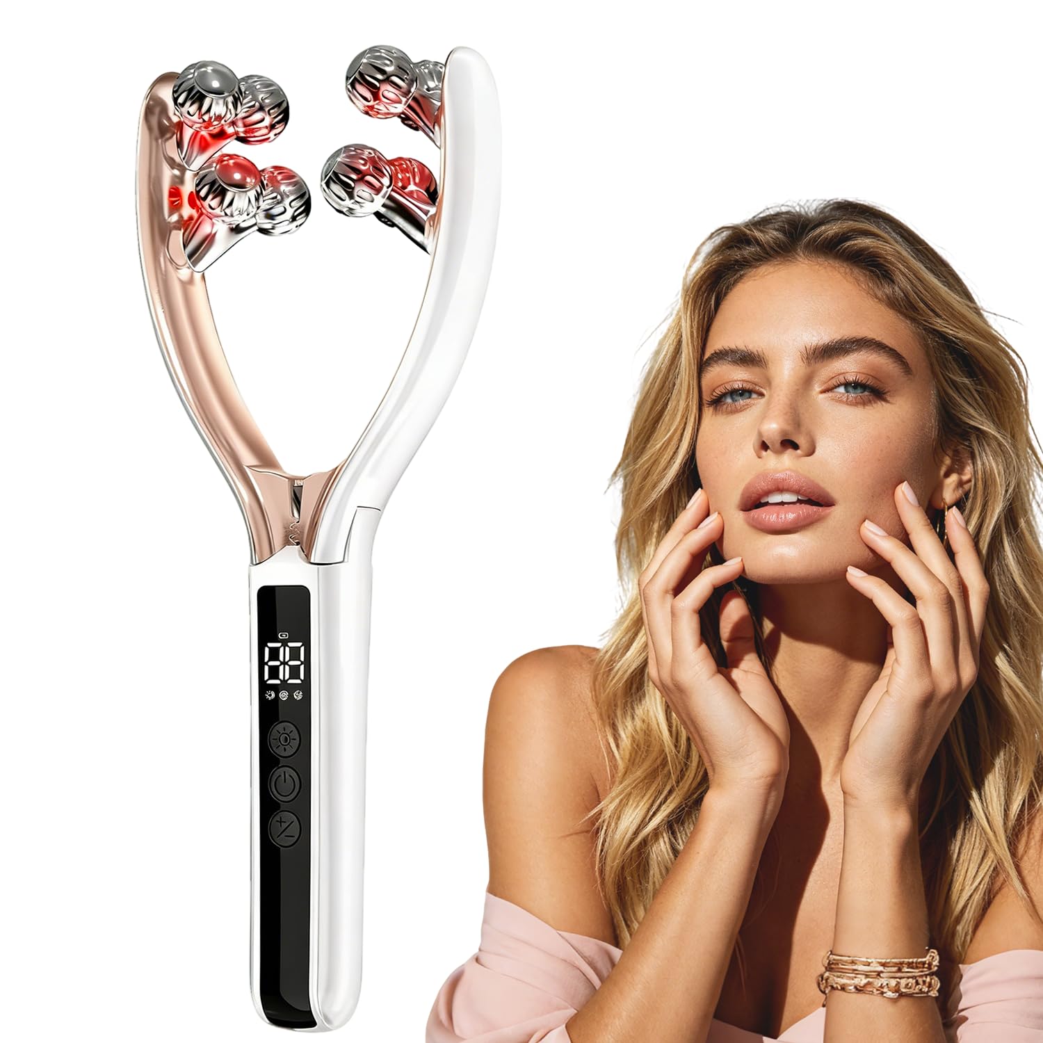 Masajeador facial con rodillo 3D, herramienta de drenaje linfático para masaje de cara, brazos, piernas y cuello, contorno linfático, cepillo facial y reductor de barbilla doble (blanco)