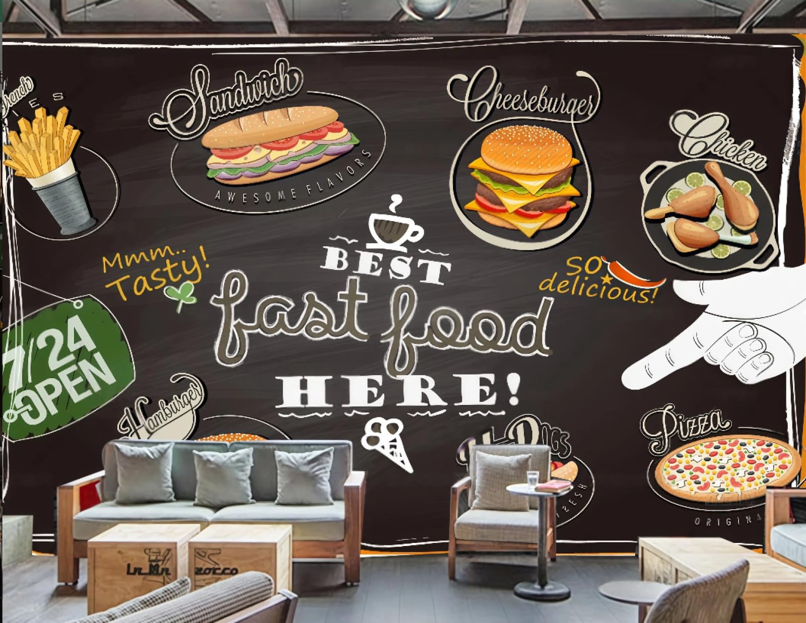 XDOUBAO Wallpaper Retro Blackboard Color Graffiti Burger Pizza Dessert Shop Afternoon Tea Western Restaurant Background Wall Wallpaper Coffee Shop Mural,3D,430x300cm