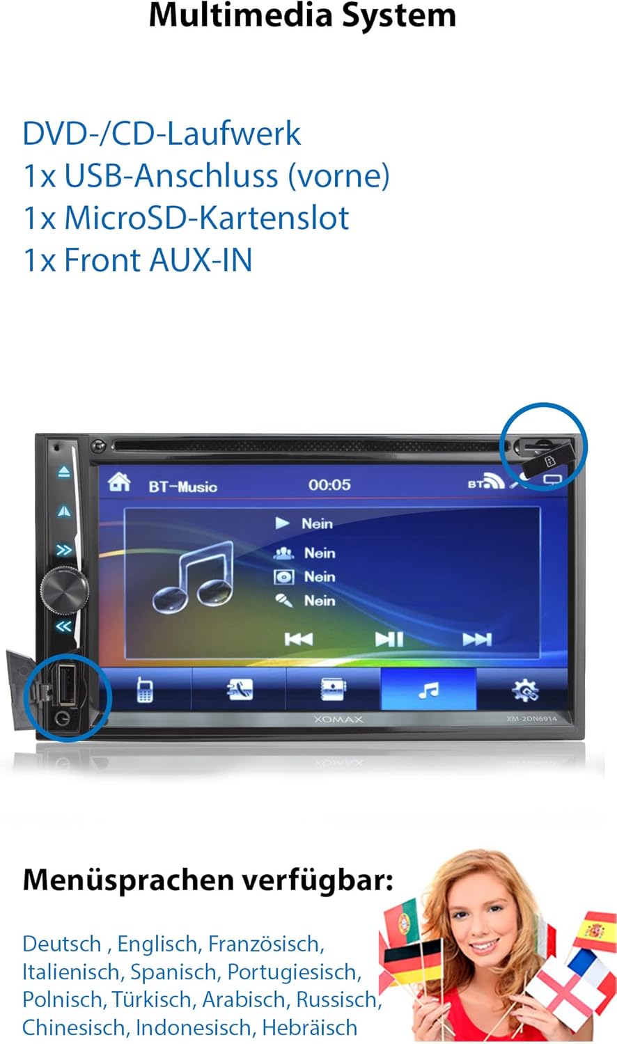 Dimensional drawing of the XOMAX XM-2DN6914 car stereo in millimeters.