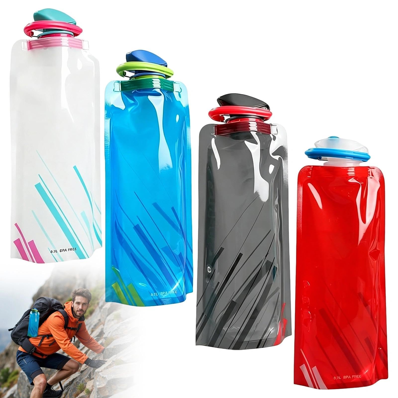 YIFKJYLF Foldable Water Bottle, 4 Pcs 700ml Foldable Leakproof Flat Water Bottle, Colorful Waters Pouch, Reusable Travel Festival Cycling Waters Bottles for Outdoor Sports