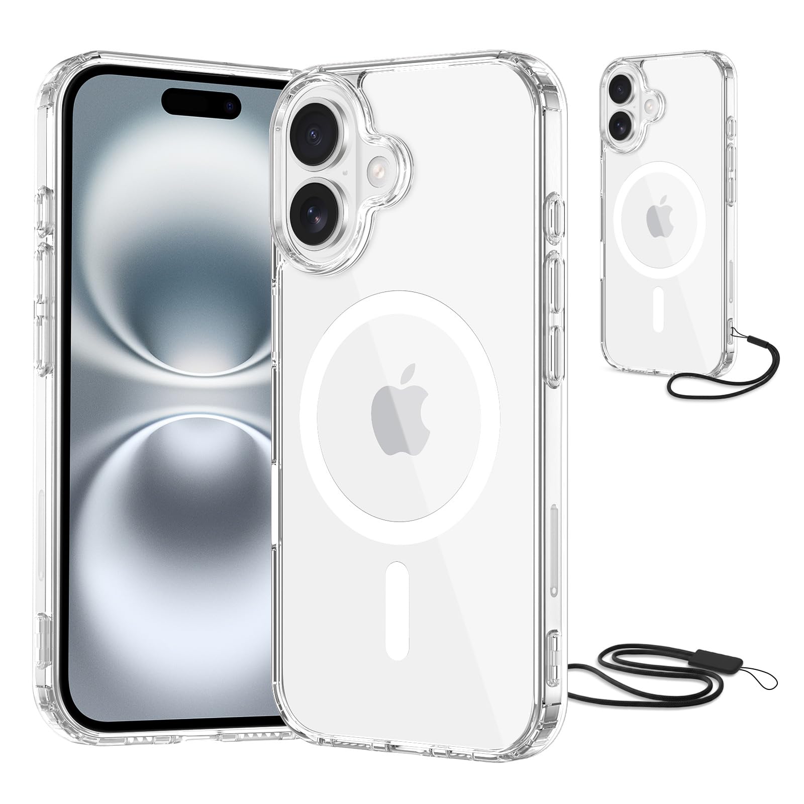 NEW'C Magnetisch Hülle für iPhone 16 (6,1 Zoll) kompatibel mit MagSafe Ultimate, stoßfest-starker Magnetismus und militärischer Schutz-schlanke Hülle mit Umhängeband-Transparent