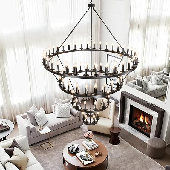 4 Tier Black Wagon Wheel Chandelier,Extra Large 60-Inch 78-Light Circle Light Fixture,Round Chandeliers for Foyer Entryway Dining Room Living Room High Ceilings