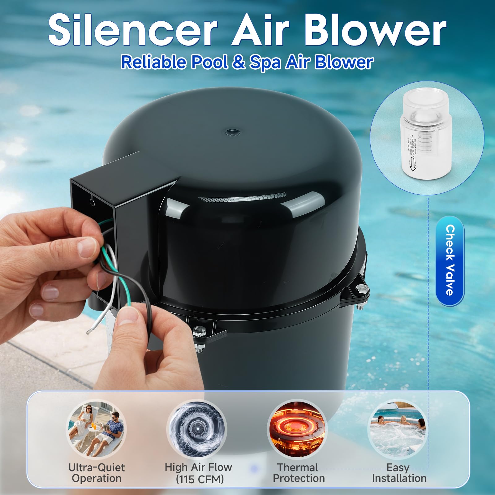 6320241 Soplador de spa silencioso, 2 HP, 240 voltios, 4.6 amperios, silencioso, repuesto para suministro de aire, sistema de fontanería directo de 2 pulgadas, diseño de absorción de golpes