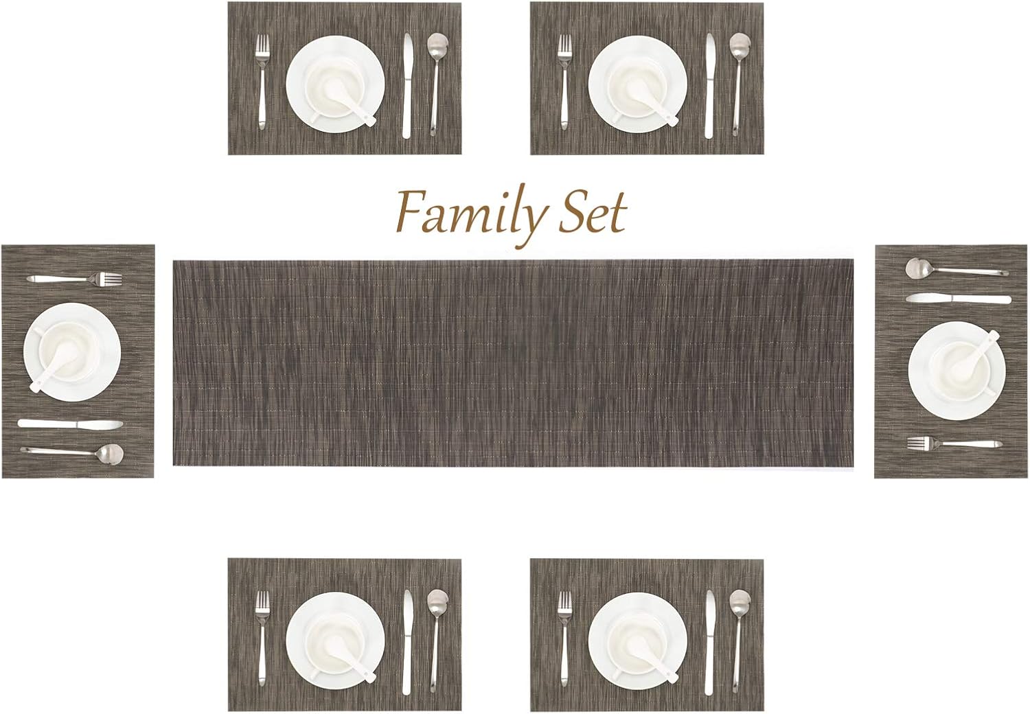Durable Placemats 6 & Table Runner of Set,Stain Resistant Easy Clean Place Mats with Matching Table Runner,Indoor Outdoor Vinyl Washable Placemats+Runner for Kitchen Dining Table(Grey)