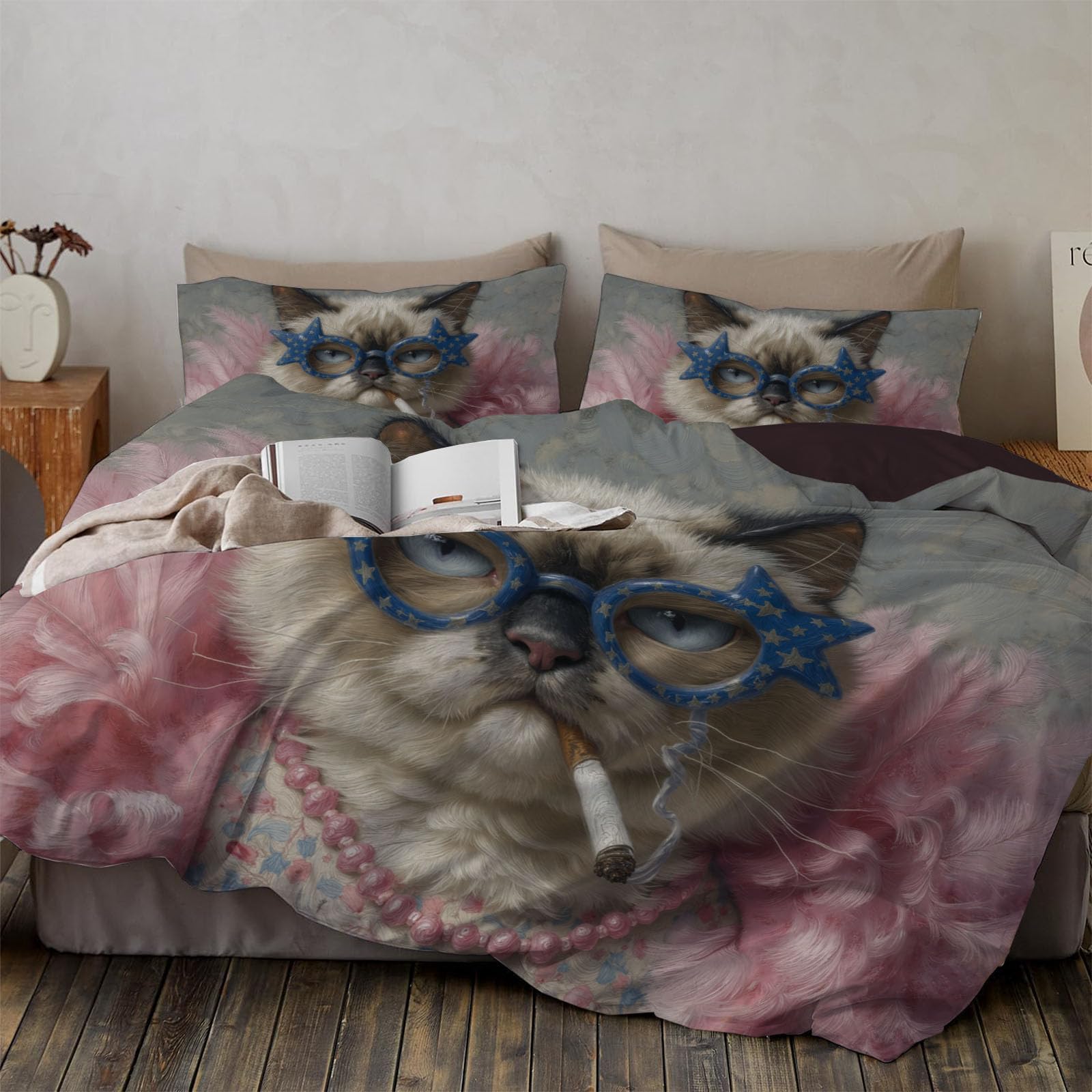 Housse de couette 140x200cm chats parure de lit microfibre 65x65