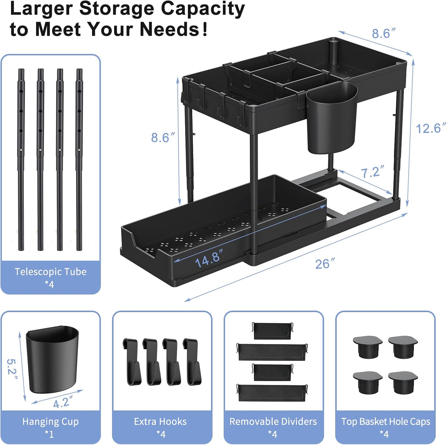 Under Sink Organizers and Storage, 2 Tier Black Bathroom Cabinet Organizer with 4-Height Adjustable Telescopic Tube,4 Removable Dividers,4 Hooks,1 Cup, Kitchen Under Sink Organizer,1 Pack