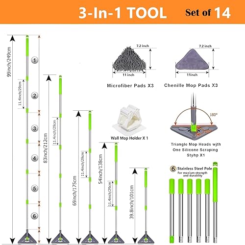 Miniatura 7 de Ajboxme Trapeador limpiador de pared de 39 a 99 pulgadas con mango largo, herramienta triangular giratoria de 360 para piso, pared, zócalo, techo,