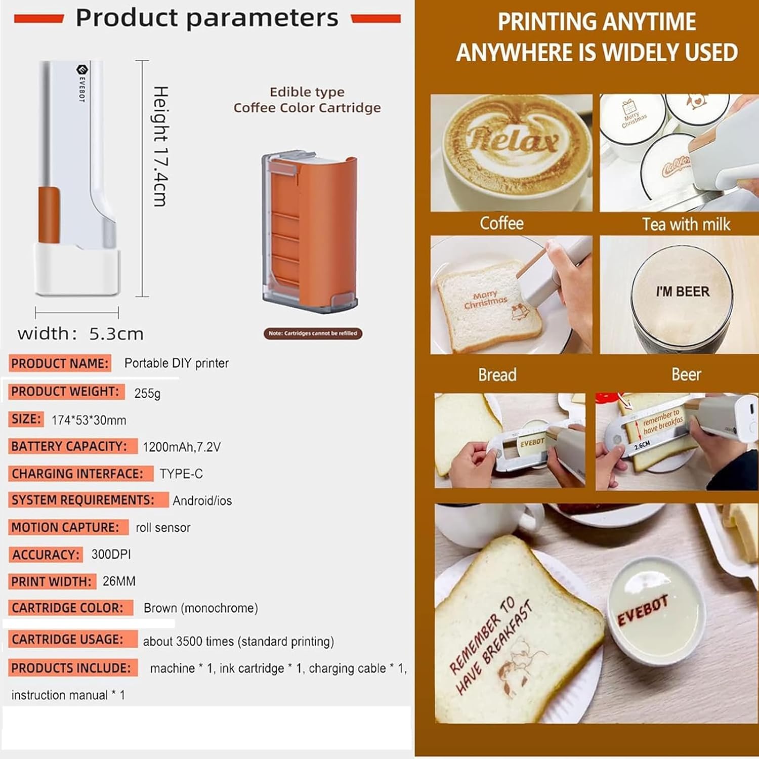 Mini Handheld Edible Inkjet Printer, Food Printer Coffee Printer Latte Art Printer with Detachable Ink and APP Control, 300dpi Roller Sensor