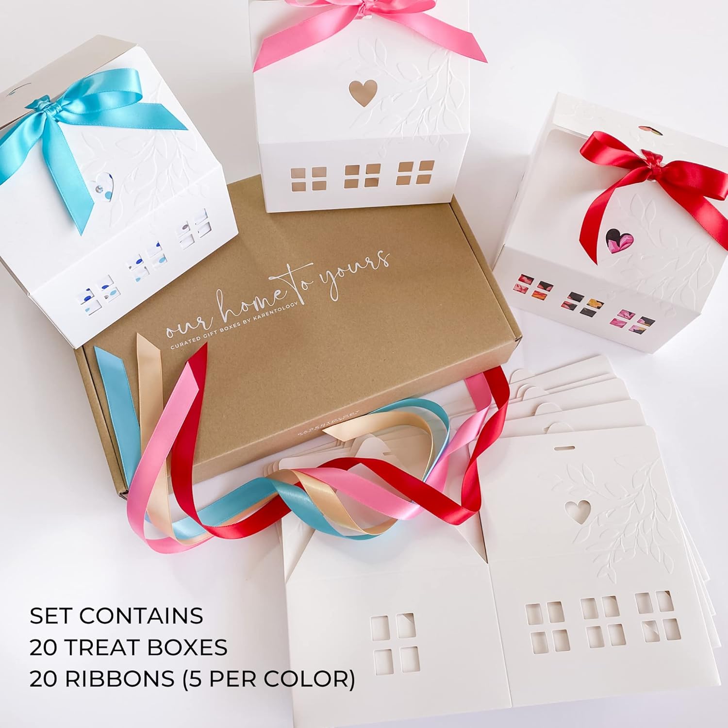 20 Pcs Classic House Shaped Gift Boxes with Bright Ribbons for Treats, Desserts, Fancy Cookie, White Gable Bakery Packaging
