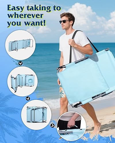 Miniatura 6 de WLIVE Silla de playa plegable de 5 posiciones con orificio frontal, silla de patio portátil para playa, piscina, silla de bronceado al aire libre,