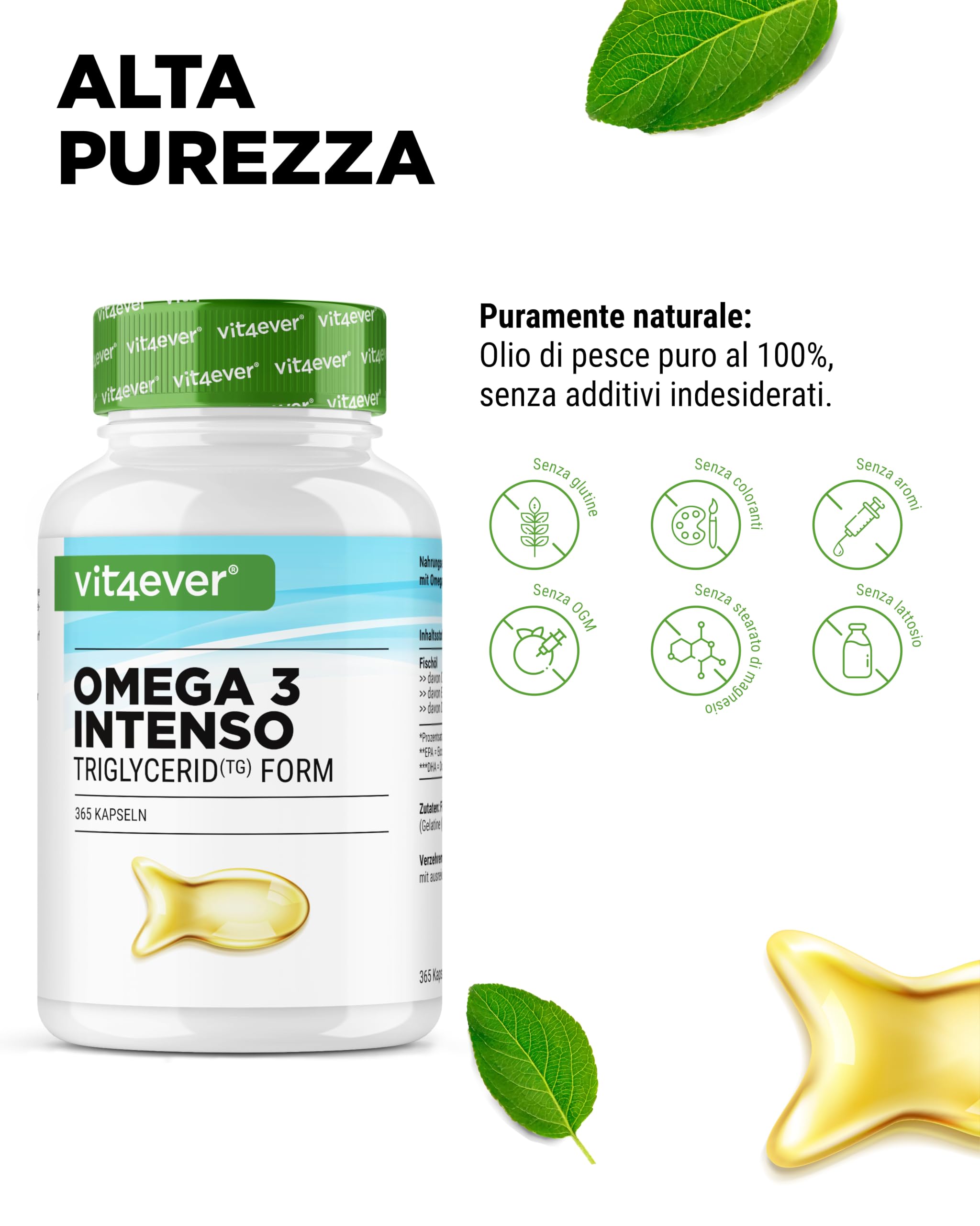 vit4ever Premium Omega 3 con l'80% di Acidi Grassi - 365 Capsule | 1000 mg di Olio di Pesce per Capsula con EPA e DHA - Forma di Trigliceridi