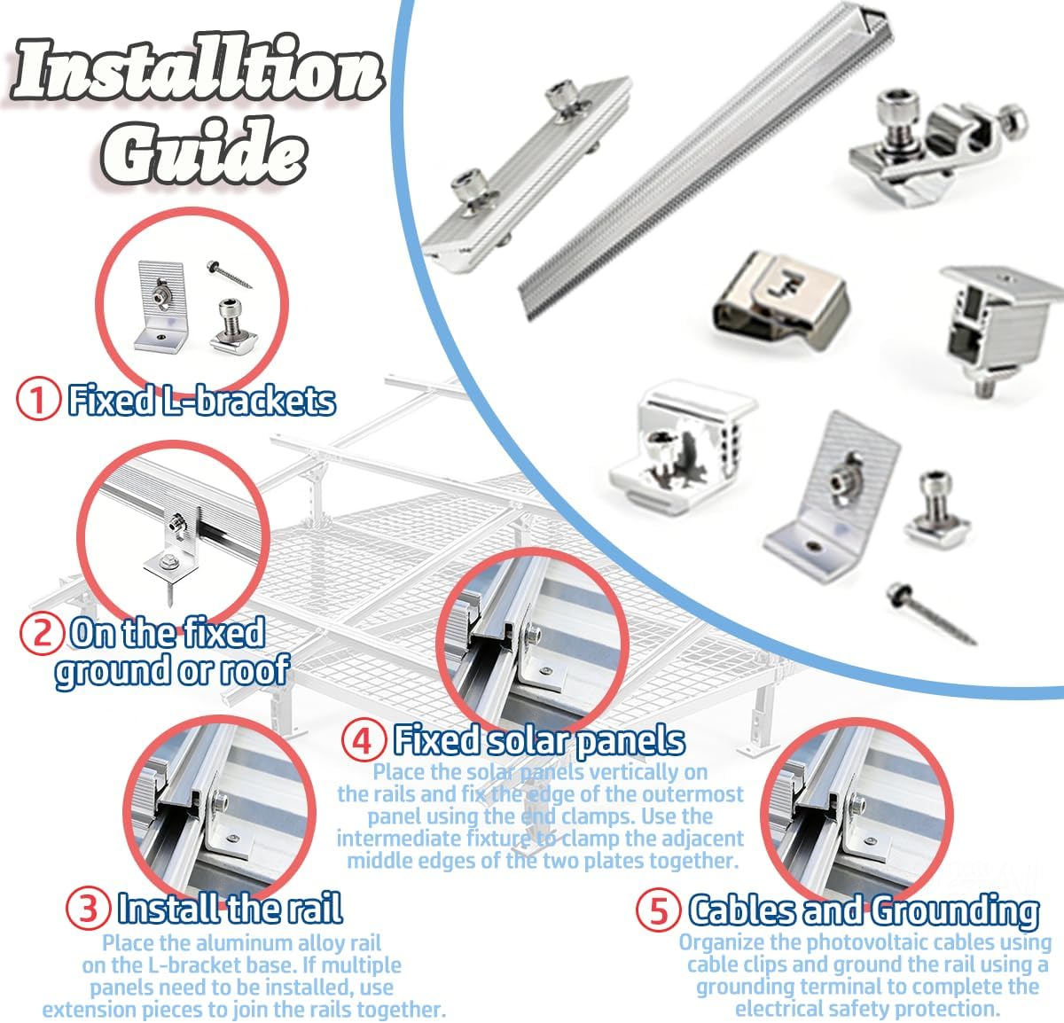 Solar Panel Mounting Kit Include 8 Pcs 47 Inch Rails,Solar Panel Mounting Brackets for 5 Solar Panels,Solar Panel Mount for Installation on Wooden Roofs,Concrete Roofs,Metal Roofs and Tile Roofs