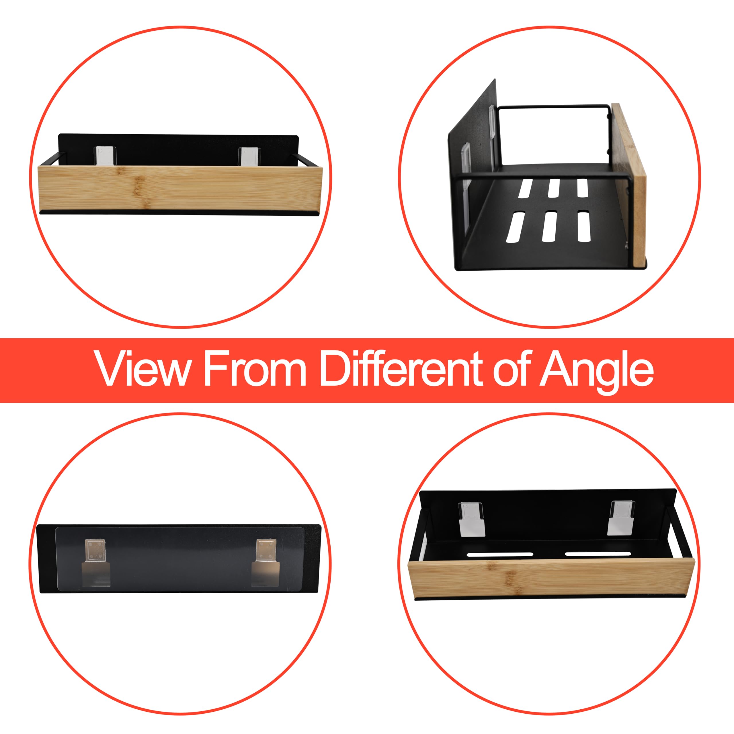 Wall Mount Organizer Adhesive Metal Shelf with Bamboo Lip Bathroom Shelves for Wall Self Adhesive Organizer Shower Caddies — view 5