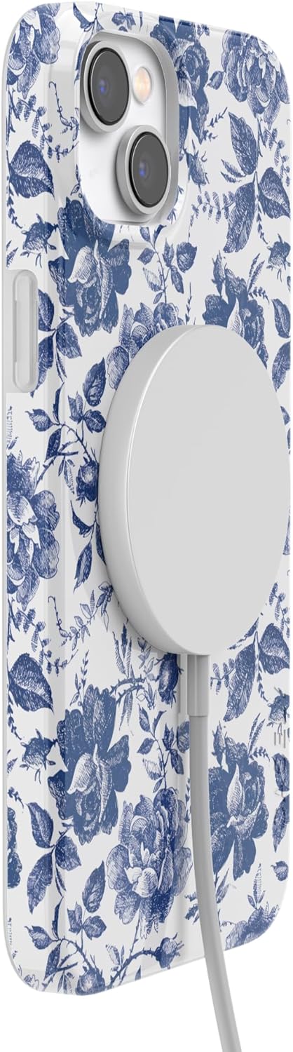 Casely iPhone 14 Plus Case | Rose to Fame | Blue & White Floral | Compatible with MagSafe | Classic Ultra Slim Design