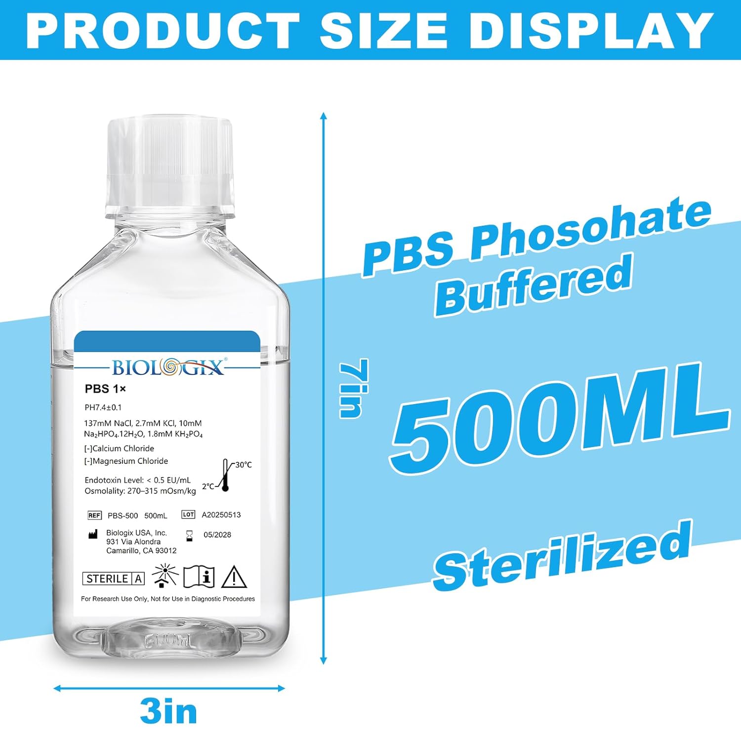Phosphate Buffered Saline 1X, PBS Buffer 0.1um Filtration, 7.4pH, Sterilize, Reay to use Buffer for Laboratory, 500ml/Bottle, 6 Bottle/Case