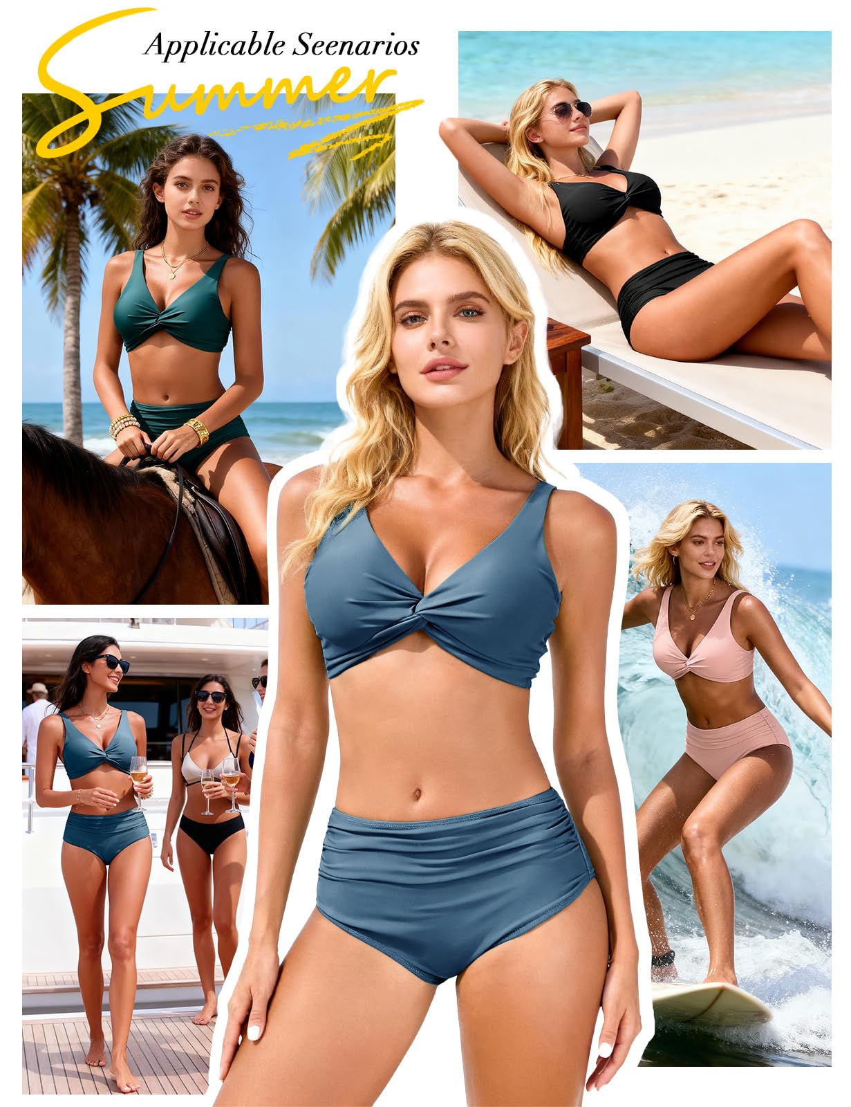 Nadeer Donna Costume da Bagno Vita Alta Fronte di Torsione Due Pezzi Bikini Elegante Scollo a V Push Up Beachwear Sexy Controllo del Ventre Spiaggia Swimwear