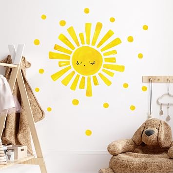 Large Sun Wall Decal 37 Pcs Yellow Sunshine Stickers with Small Polka Dot Watercolour Boho Sunlight Wall Decals for Nursery Bedroom Playroom Kids Room Decor