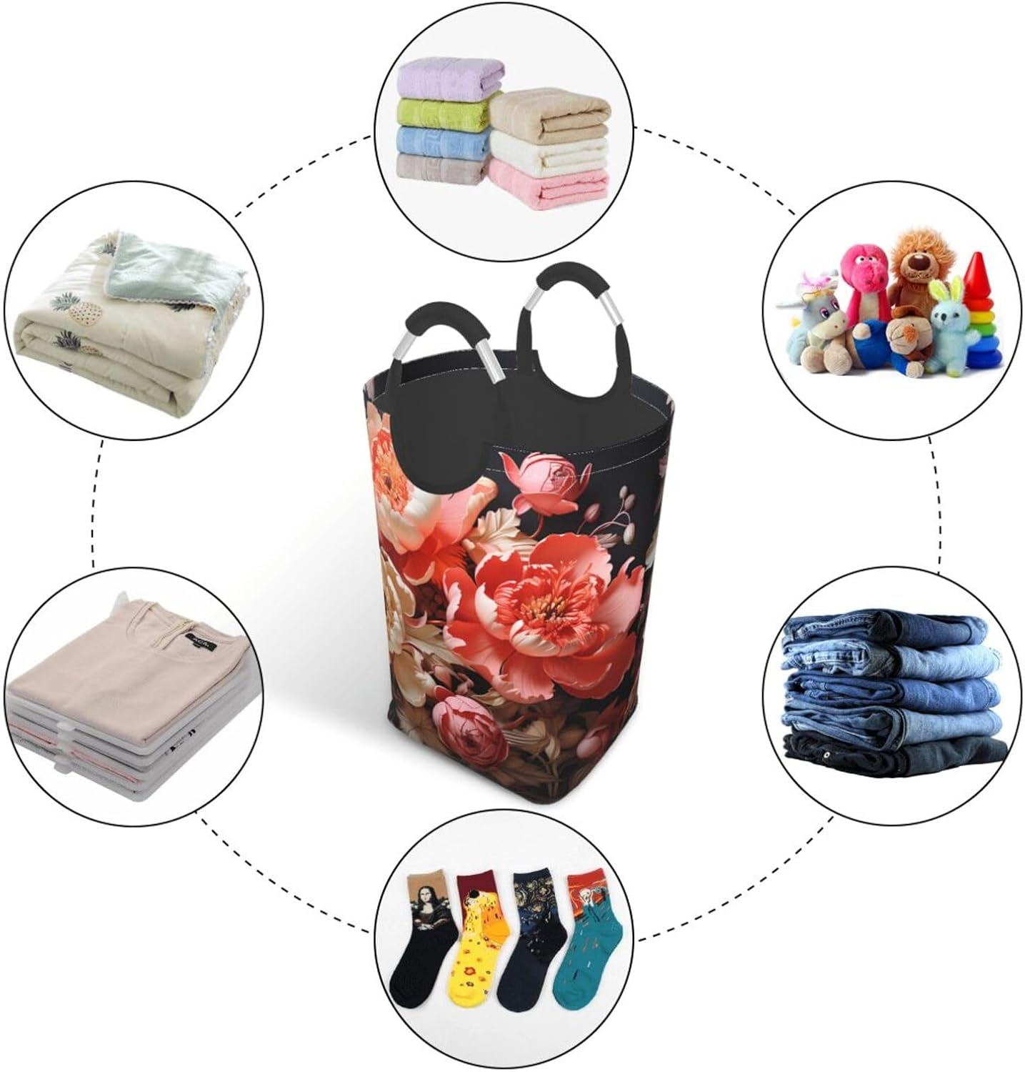Brightly colored peonies Square storage bag 50L, suitable for multiple scenes, foldable dirty clothes storage basket.