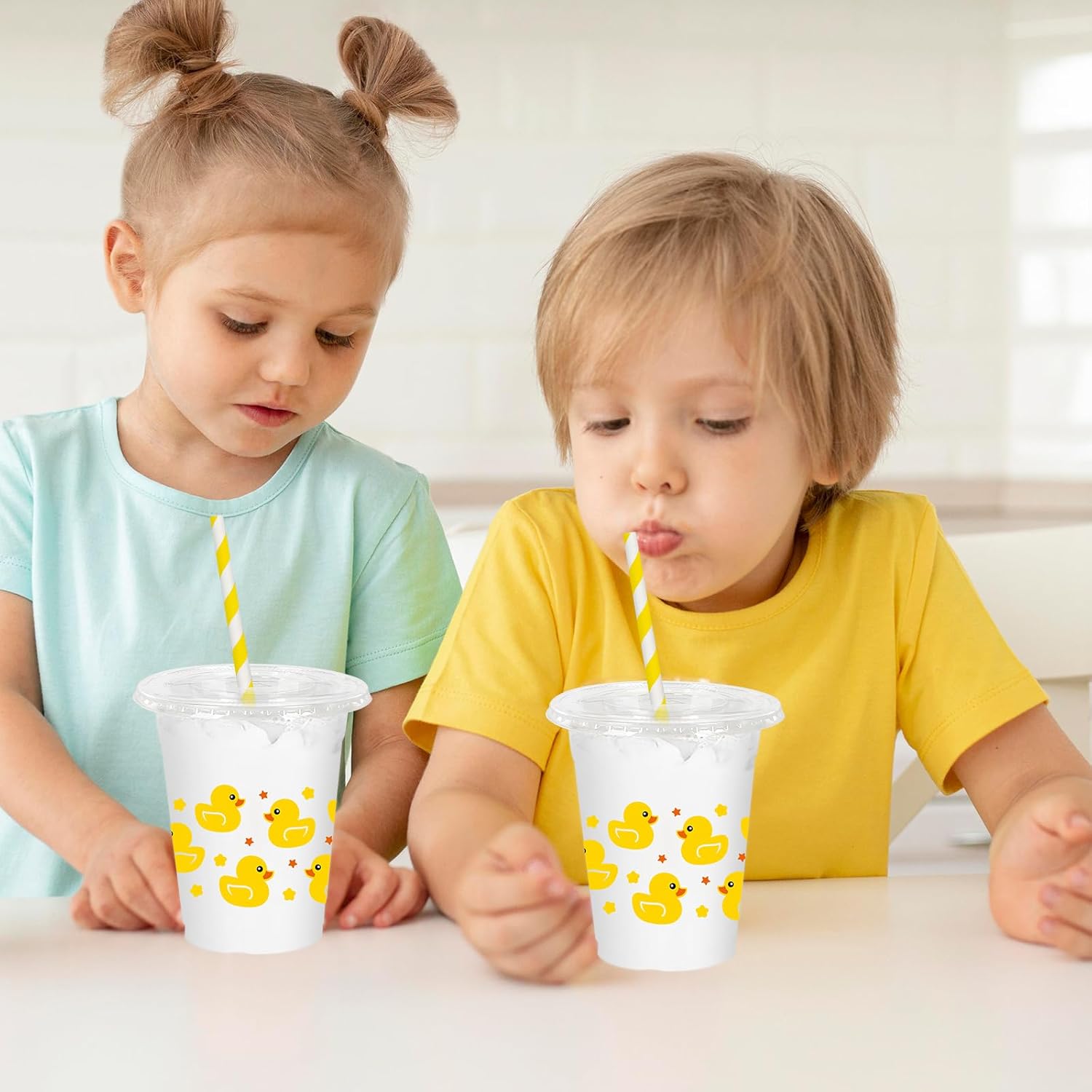 JarThenaAMCS 50Pcs Summer Rubber Duck Plastic Cups with Lids and Straws Cute Duck Clear Plastic Cups 12oz Yellow Disposable Cup for Birthday Baby Shower Party Supplies - Image 7