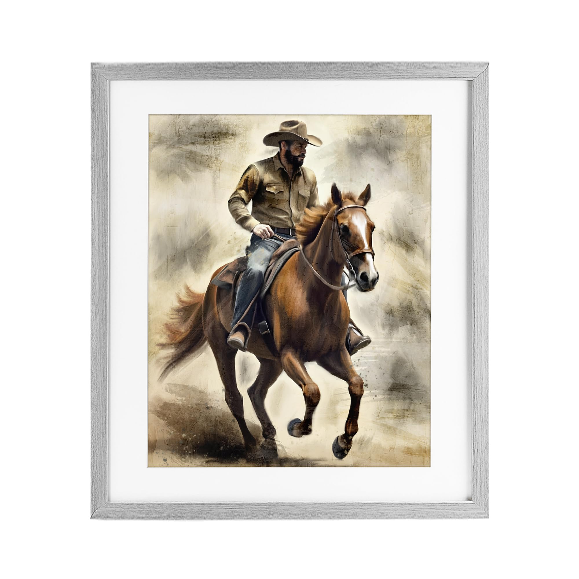 Stupell Industries Farmhouse Gray (Textured) 'Gallop Horse & Cowboy'| Framed Print Under Glass