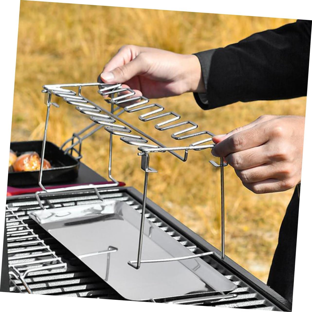 Foldable Stainless Steel BBQ Rack for Outdoor Grilling Chicken Leg and Wing Holder Base Tray Portable Barbecue Grill Stand for Camping and Picnics