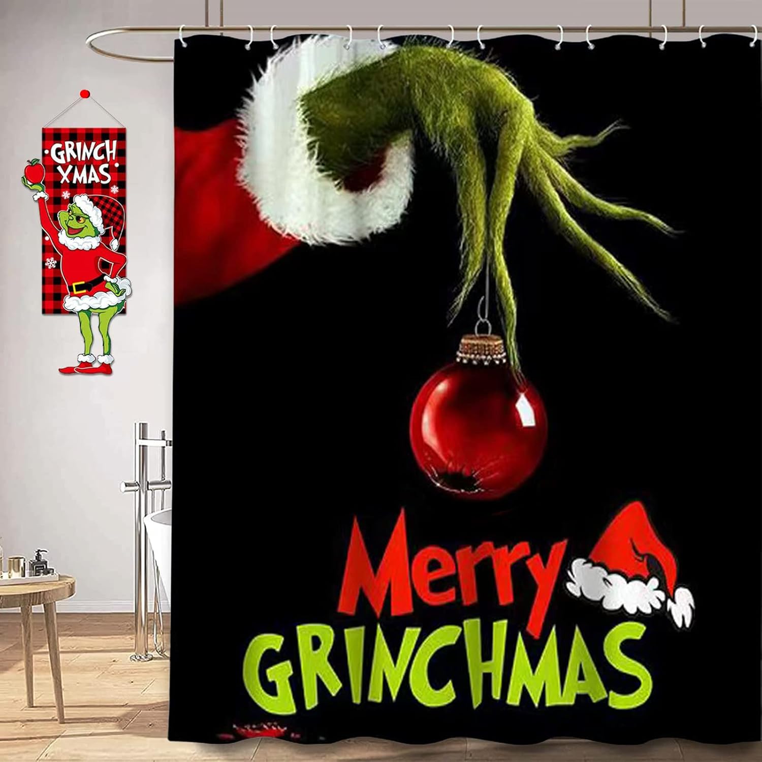 bufftieo Grinch Shower Curtain Merry Christmas Red Colored