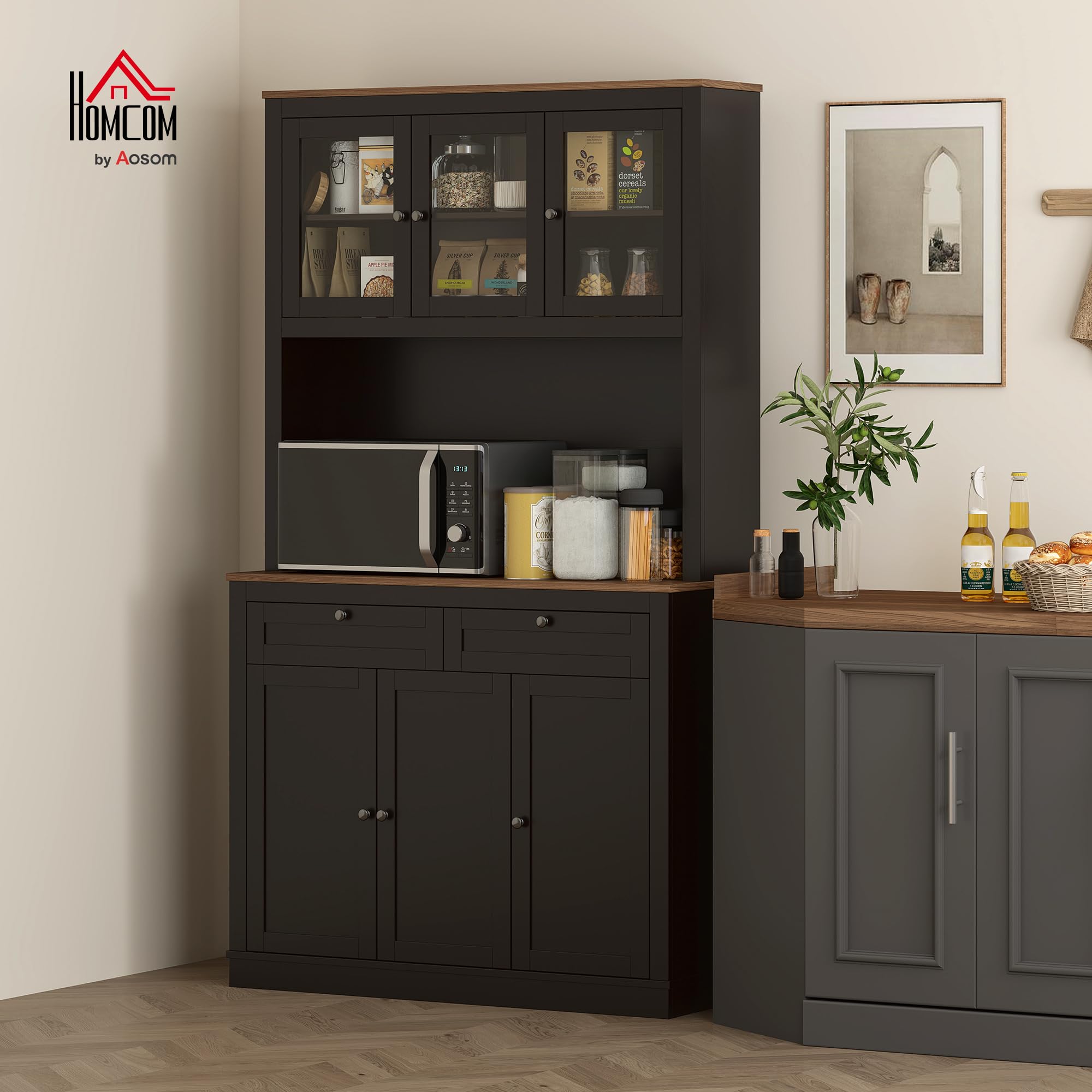 HOMCOM Credenza Cucina Alta 2 Cassetti Portamicroonde 100x40x180cm Nero | Con Armadietti, Mobile Dispensa Stretto, Ante in Vetro, Ripiani Regolabili, Soggiorno Sala da Pranzo