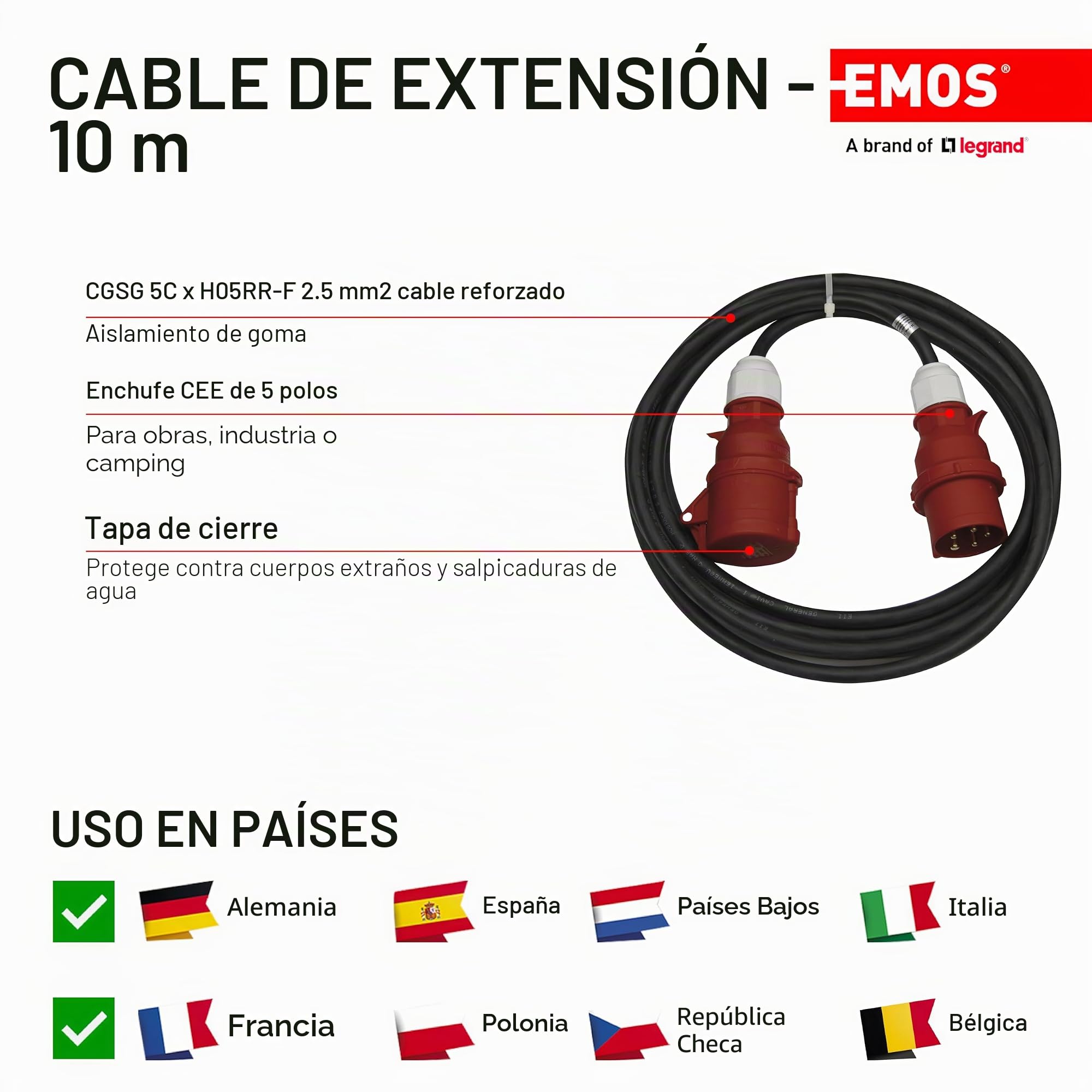 EMOS Cable alargador CEE IP44 10 m, Conector 5 Polos, 400 V 16 A 3680 W, Goma CGSG 5C H05RR-F 2.5 mm², Resistente Agua/Temperatura, Camping
