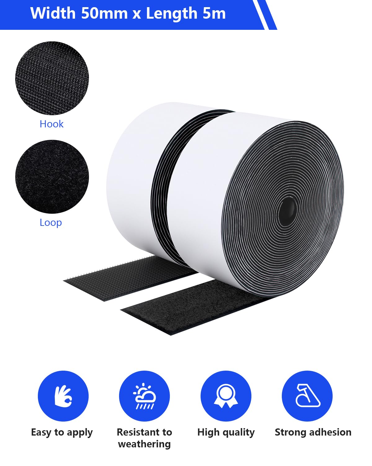 Nastro autoadesivo extra forte - 50 mm× 5 m Nastro autoadesivo a strappo e gancio Nastro biadesivo per interni ed esterni - biadesivo - Nero