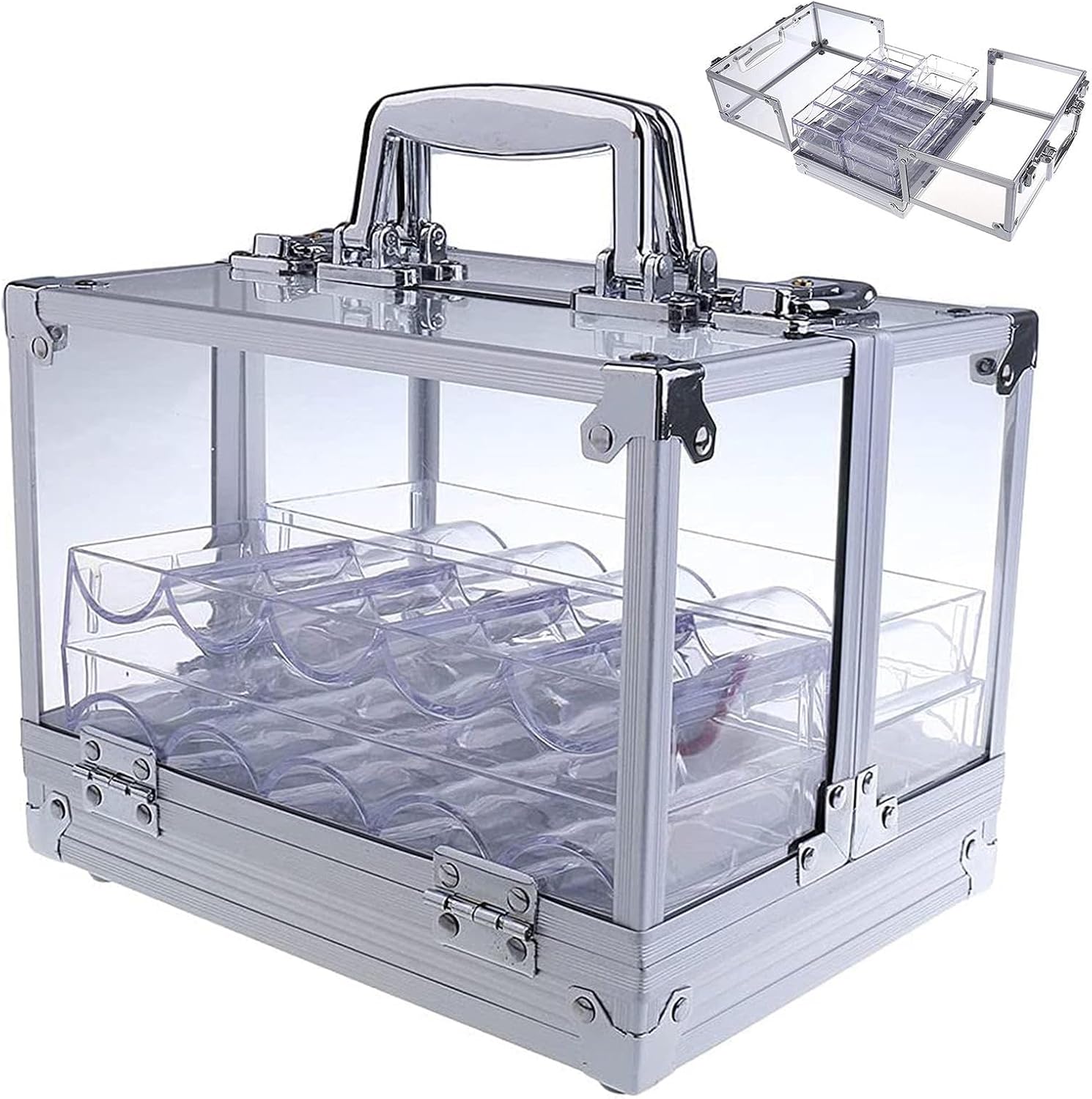 COYEUX 600Pcs Acrylic Poker Chip Case, Double Open Transparent Chip Box, with 6 Poker Chip Trays, for Family Games