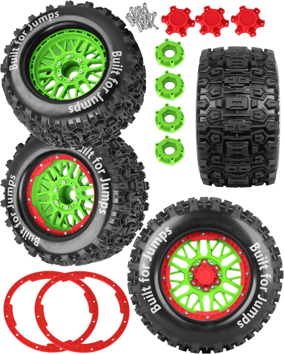 1/8 1/10 17mm Hex RC Truck Tires,Wheels and Tires for 1/10 E-Revo T-Maxx Summit Kraton Outcast Monster Truck,Buggy Rubber Tyres and Rims w/Foam Insert for RC Off-Road Car,Black-Pink