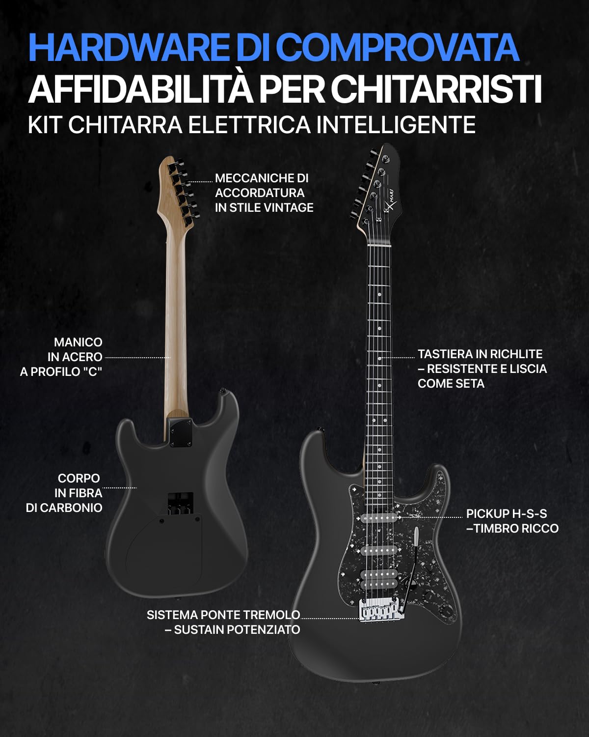 Enya XMARI - Chitarra elettrica intelligente con effetti DSP integrati, 4 preset, registrazione USB-C OTG, uscita cuffie, pickup in Alnico con bobina split, corpo in fibra di carbonio, amplificatore