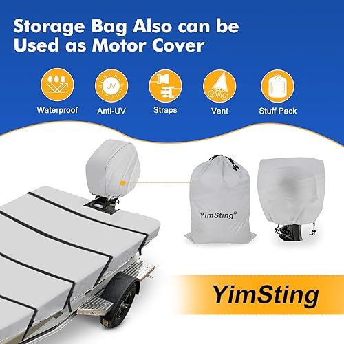 Miniatura 5 de Jon - Funda para barco de 14 pies, 600D resistente al agua, remolcable de 14 pies con cubierta de motor, lona de grado marino, color gris