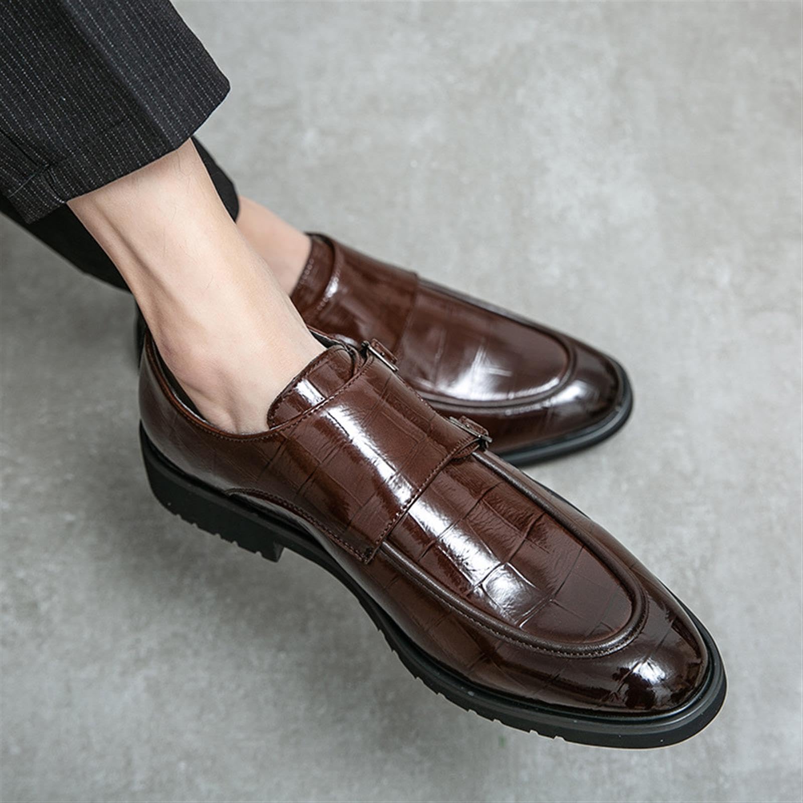 Zapatos de Doble Hebilla para Hombre Piel Charol Estampado Cocodrilo Zapatos de Vestir Mocasines Elegantes para Boda Negocios