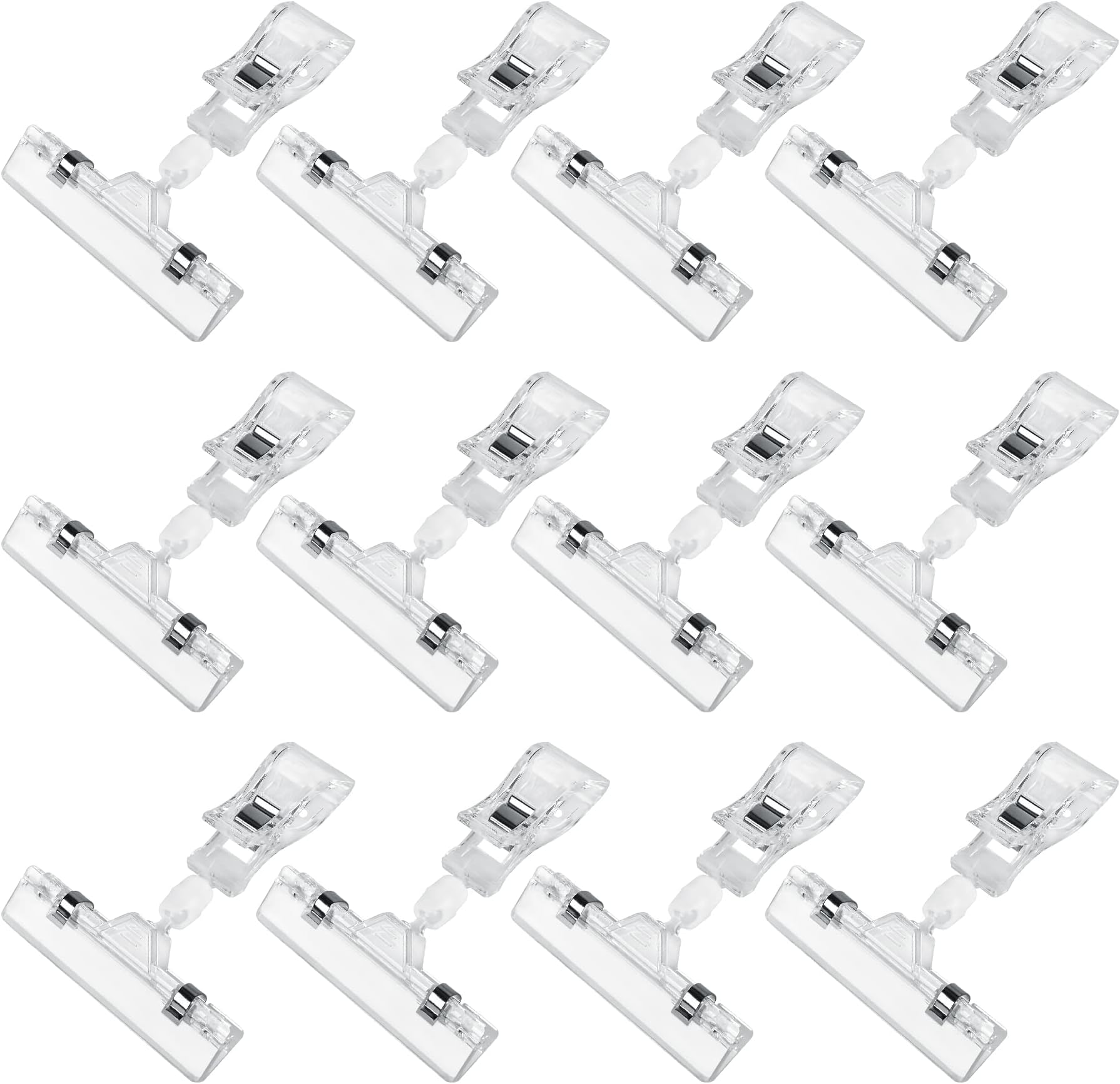 Clear Sign Clips Merchandise Display 12 Pack Plastic Label Pop Clips on Sign Holder Shelf Double Sided Swivel Price Tag Holders on Clothing Rack Rotatable Menu Clamps for Sale Retail Display