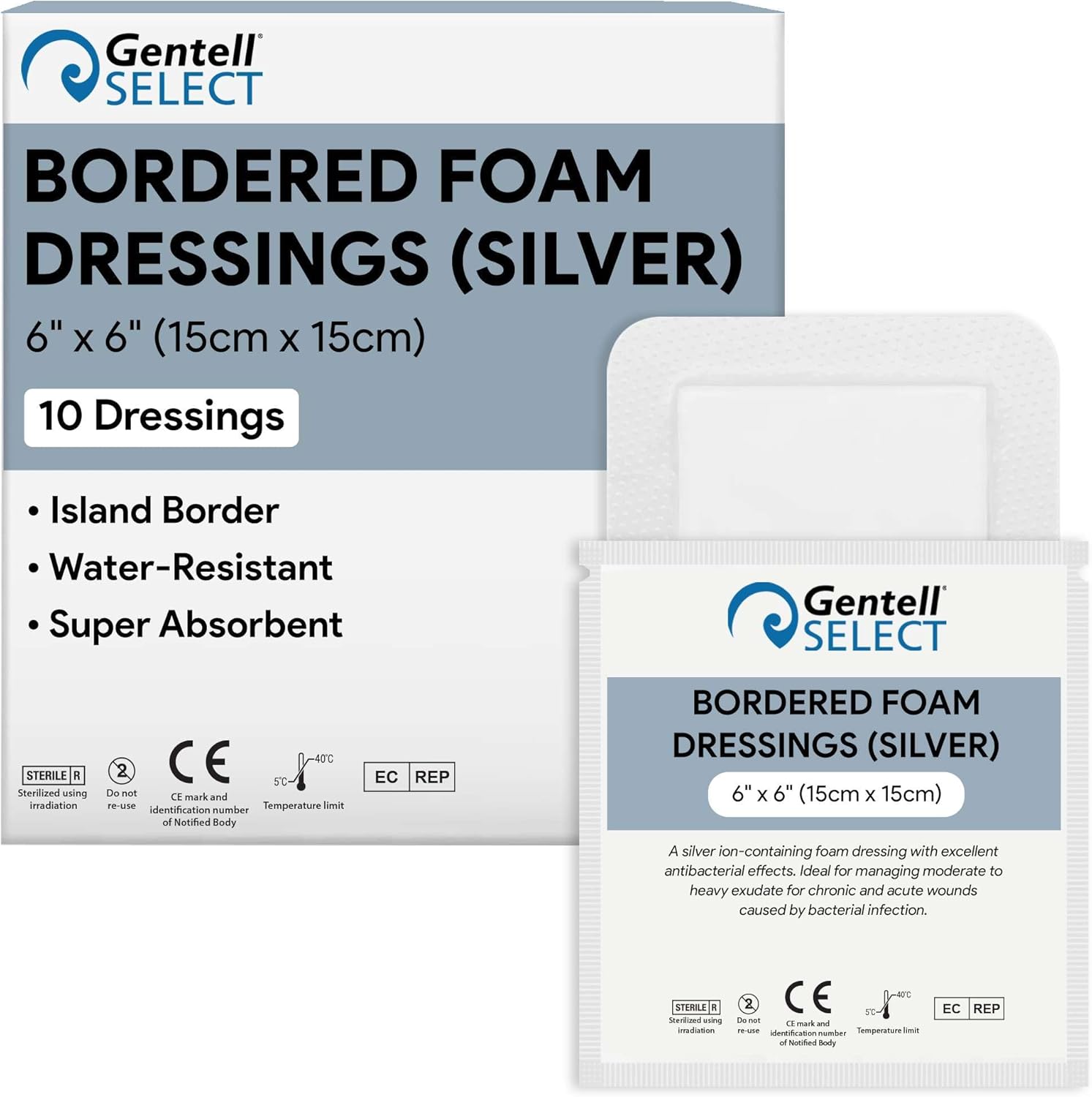 Bordered Foam Silver Dressings for Wound Care 6"x6" - 10 Ag Foam Dressings for Moderate to Heavy Wound Exudate - Highly Absorbent and Water Resistant